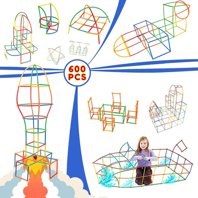 STEM Building Straw Constructor Set - 600 Interlocking Pieces for Kids