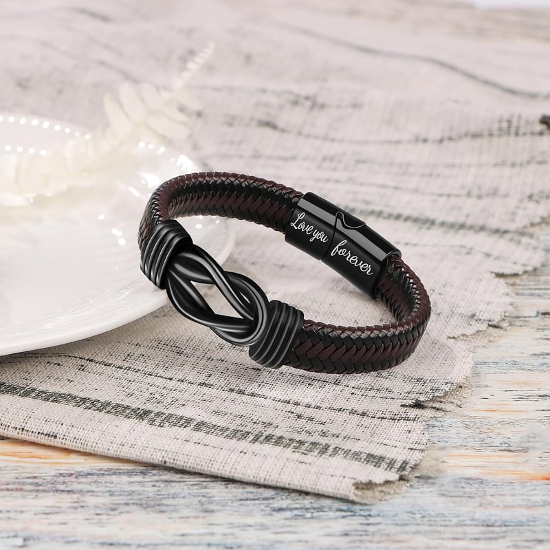 Infinity Bracelet for Men - Engraved Brown Leather & Stainless Steel