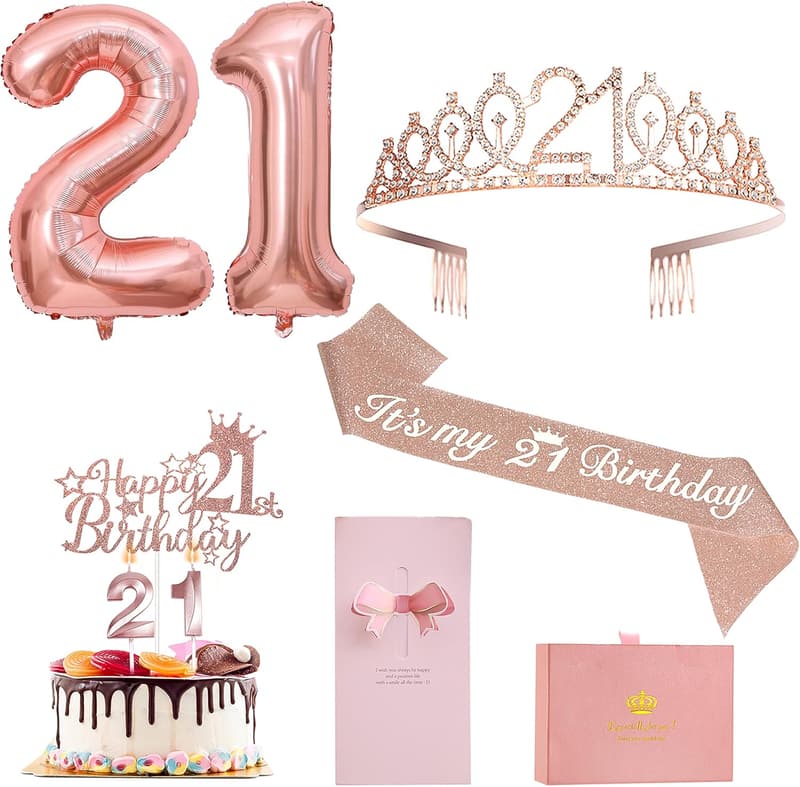 21st Birthday Decorations Set for Her - Rose Gold Sash, Crown & More