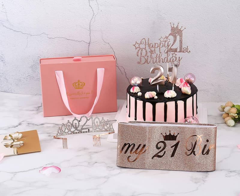 21st Birthday Decorations Set for Her - Rose Gold Sash, Crown & More