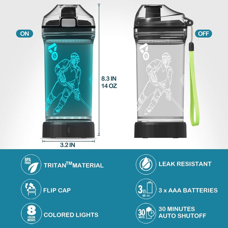 Light Up Water Bottle for Hockey Players - 14 oz Eco-Friendly