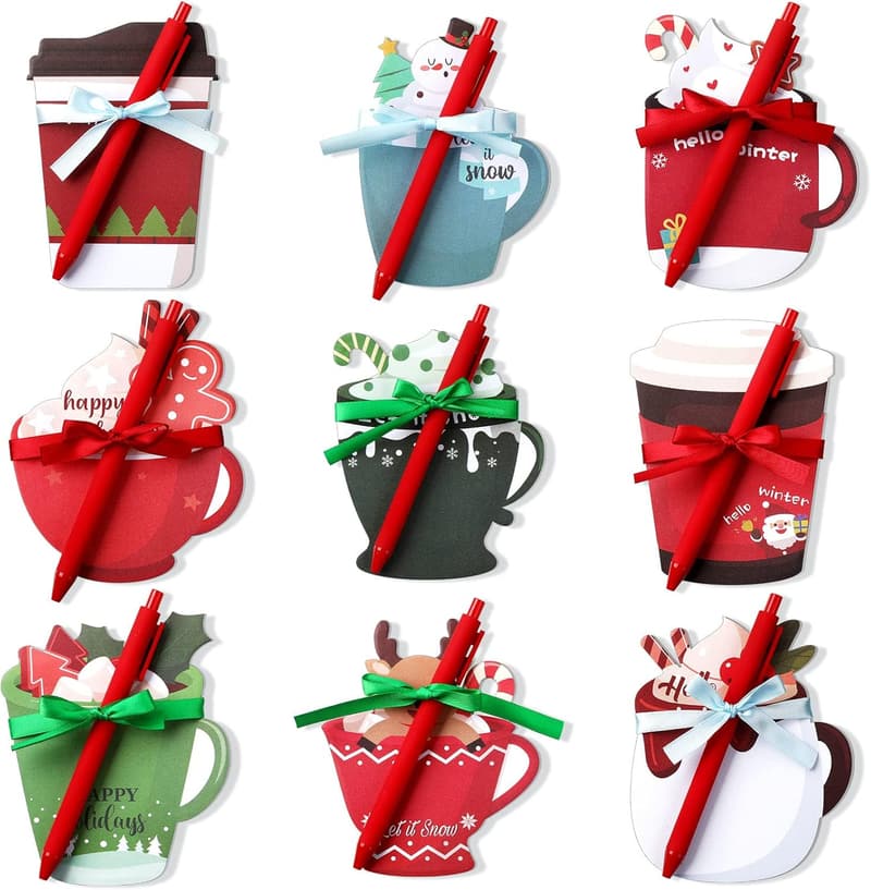 Christmas Coffee Cup Notepad Set with Pen - 9 Winter Memo Pads