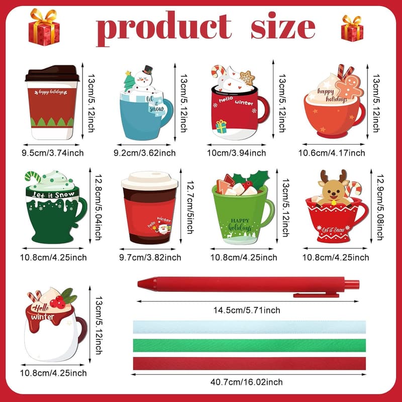 Christmas Coffee Cup Notepad Set with Pen - 9 Winter Memo Pads