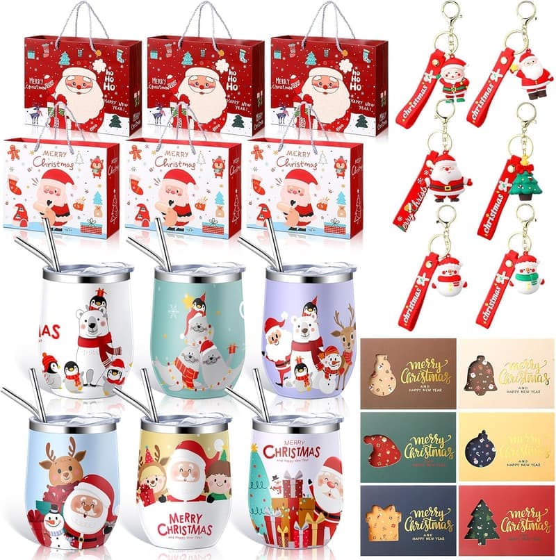 Christmas Gift Set: 12oz Stainless Steel Wine Tumblers & Keychains