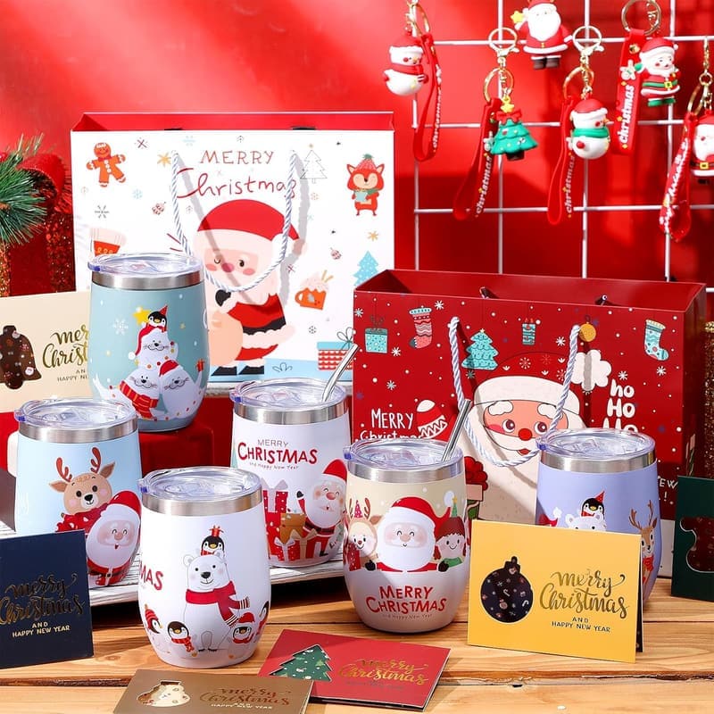 Christmas Gift Set: 12oz Stainless Steel Wine Tumblers & Keychains