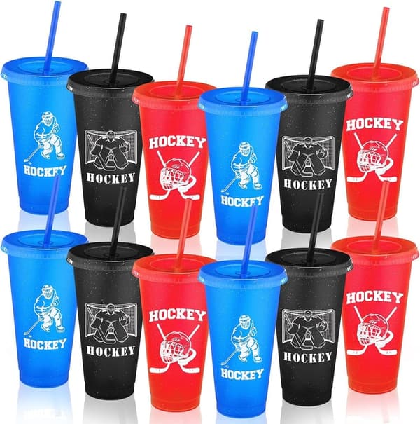 Hockey-Themed Reusable Tumblers with Lids & Straws - Set of 12