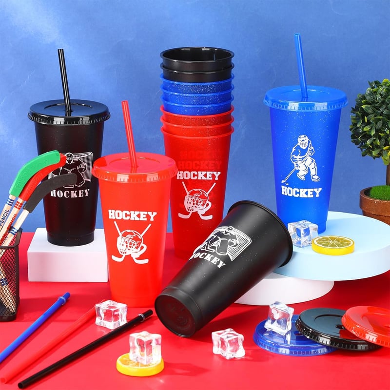 Hockey-Themed Reusable Tumblers with Lids & Straws - Set of 12