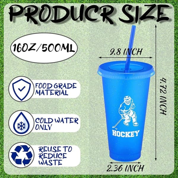 Hockey-Themed Reusable Tumblers with Lids & Straws - Set of 12
