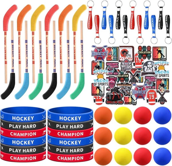 Hockey Birthday Party Favor Set - 98 Pcs with Bracelets, Keychains, and Stickers