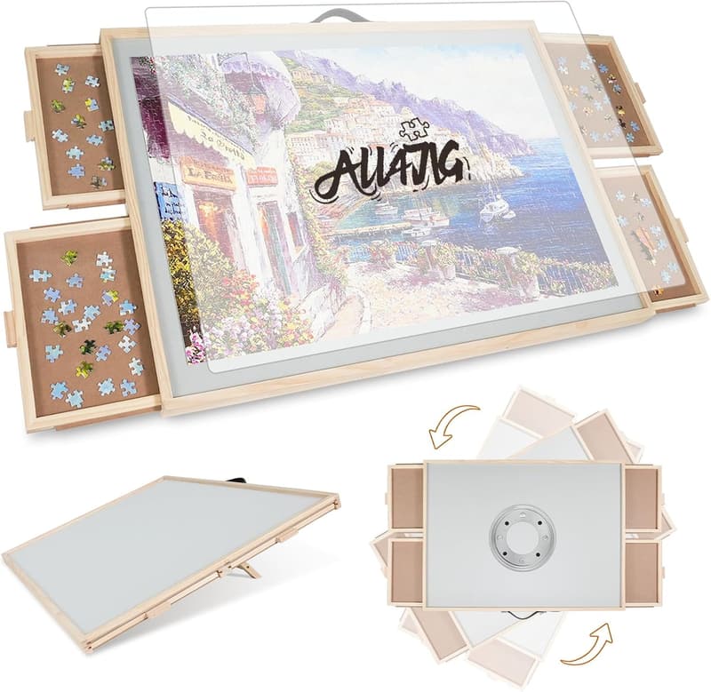 Wooden Puzzle Board with Lazy Susan & 4 Drawers for Adults