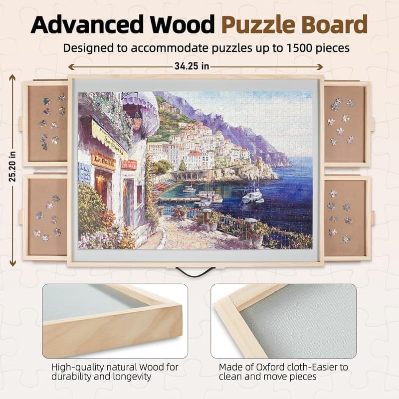 Wooden Puzzle Board with Lazy Susan & 4 Drawers for Adults