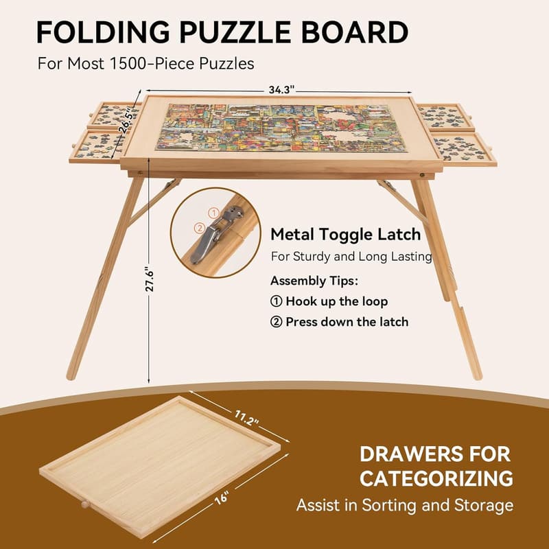 Large Wooden Puzzle Table with Legs & Storage Drawers