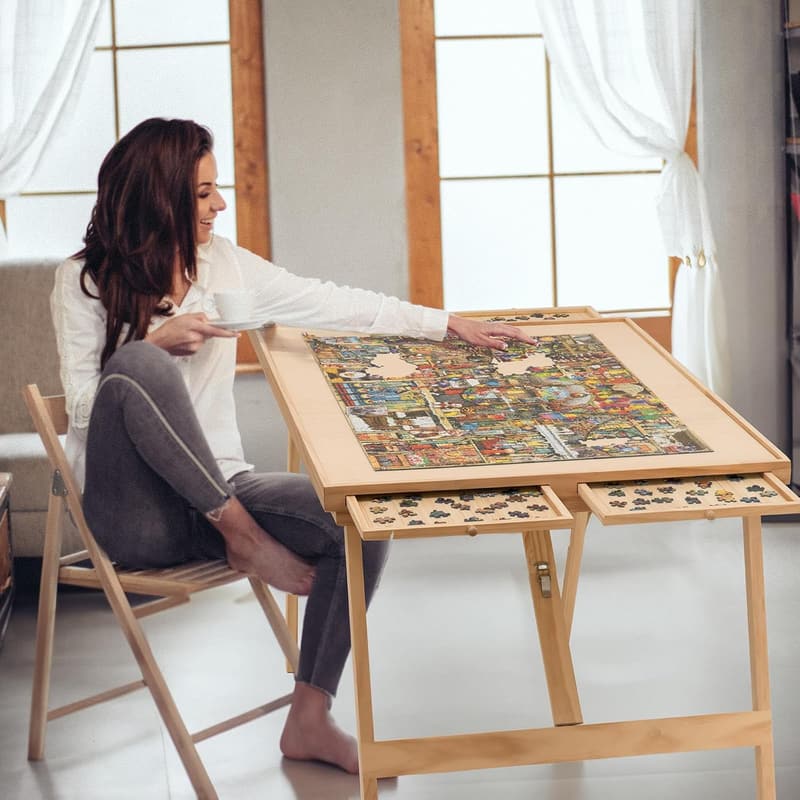 Large Wooden Puzzle Table with Legs & Storage Drawers