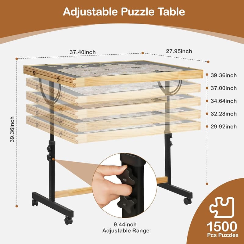 Adjustable Jigsaw Puzzle Table with Drawers & Lockable Wheels