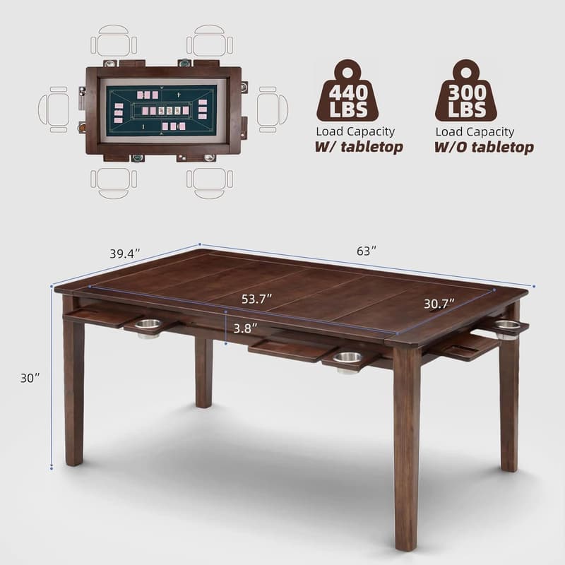 Wood Game Table for 4-6 Players with Removable Top & Game Mat