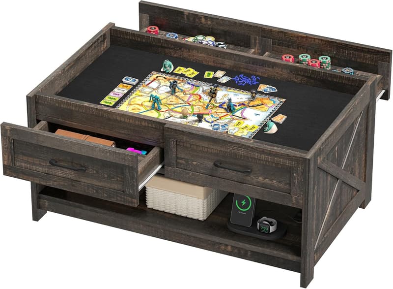 3-in-1 Game & Puzzle Table with Play Mat and Drawers (Dark Oak)