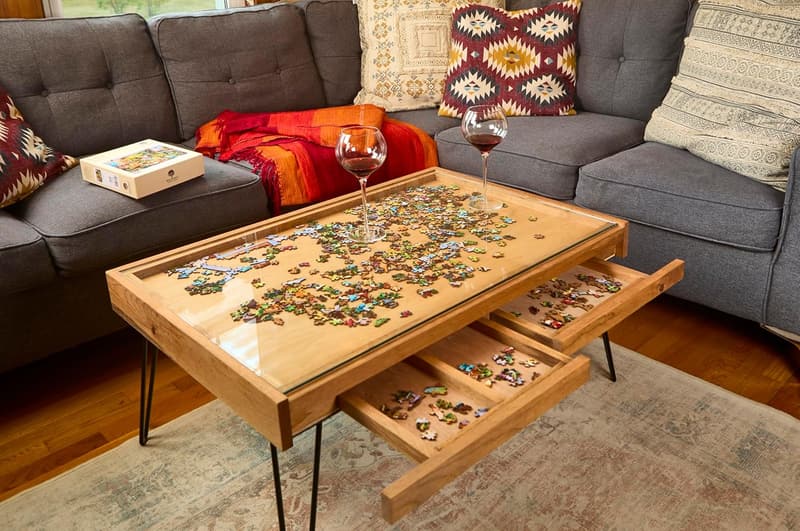 Rustic Coffee Table with Glass Top and Hidden Drawers