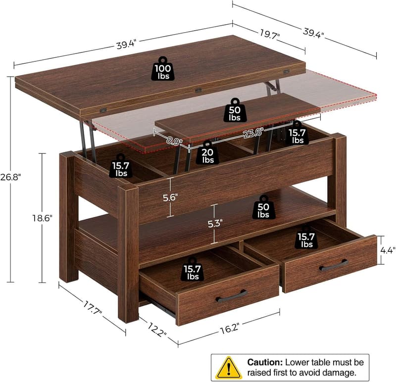 Convertible Lift-Top Coffee Table with Drawers - Espresso