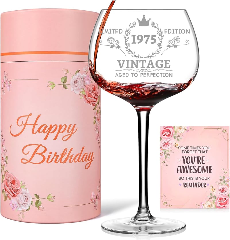50th Birthday Wine Glass Gift Set for Her with Box & Card
