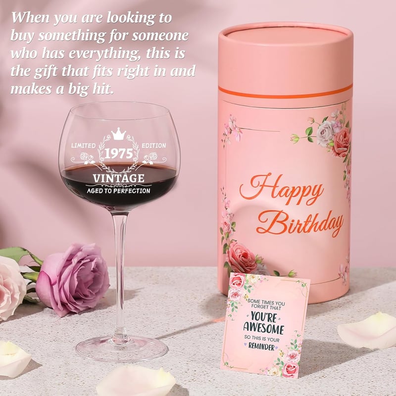 50th Birthday Wine Glass Gift Set for Her with Box & Card