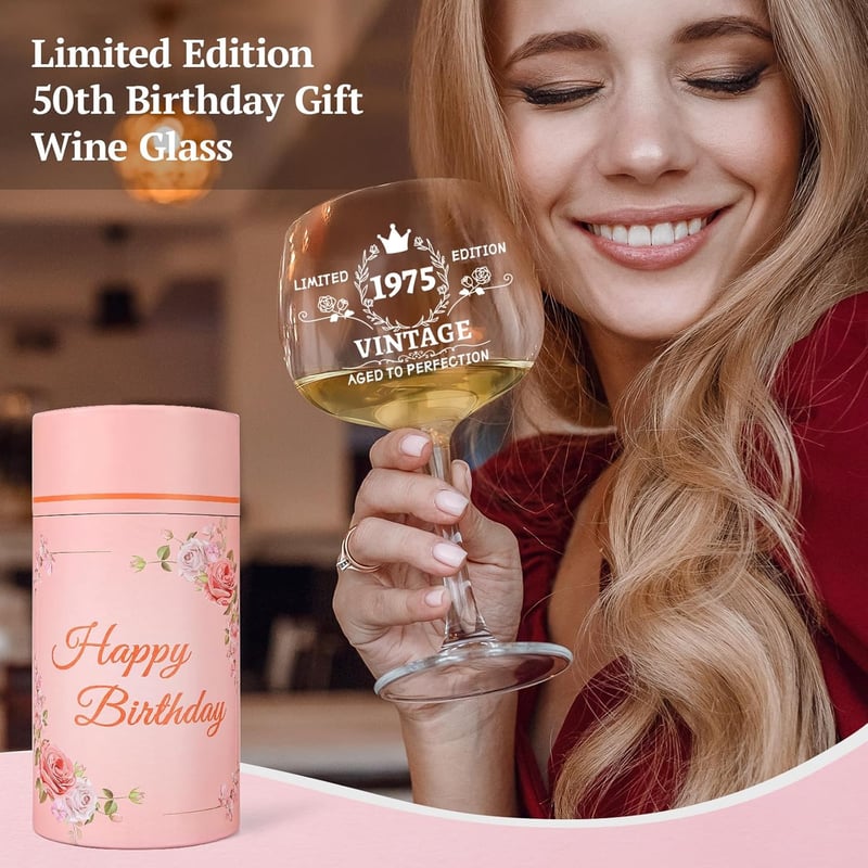 50th Birthday Wine Glass Gift Set for Her with Box & Card