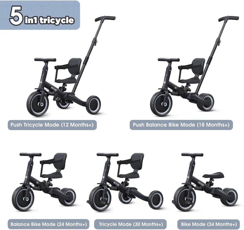 Convertible 5-in-1 Toddler Tricycle with Push Handle - Black