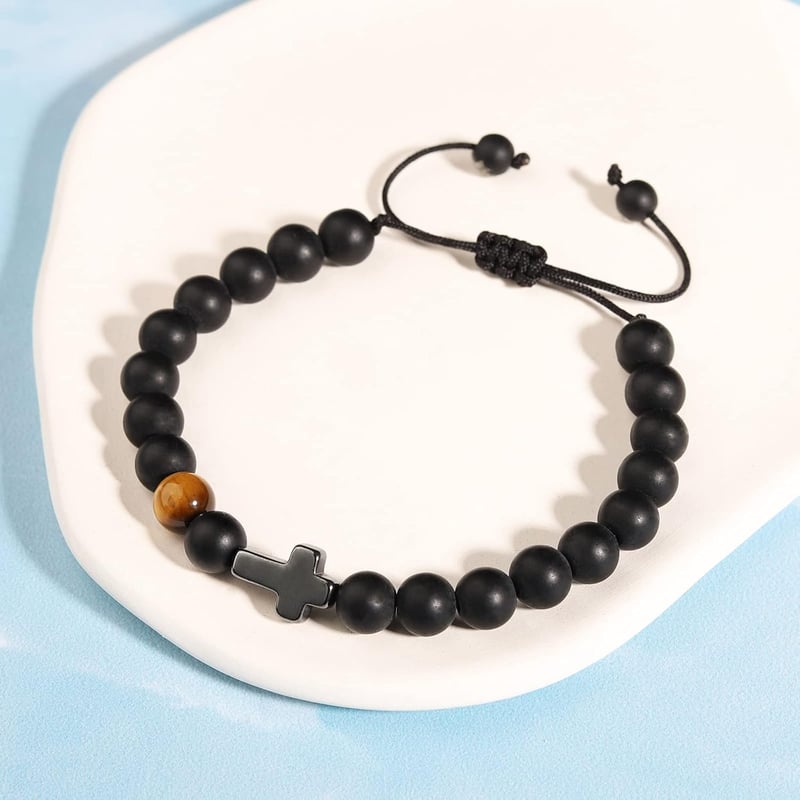 Men's Beaded Cross Bracelet - Christian Gift for Dad