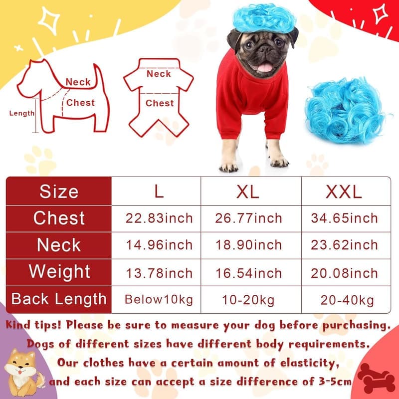 Halloween Costume Set for Small Dogs - Red T-Shirt & Blue Wig