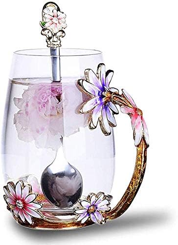 Enamel Flower Coffee Mug Set with Spoon - Perfect for Women