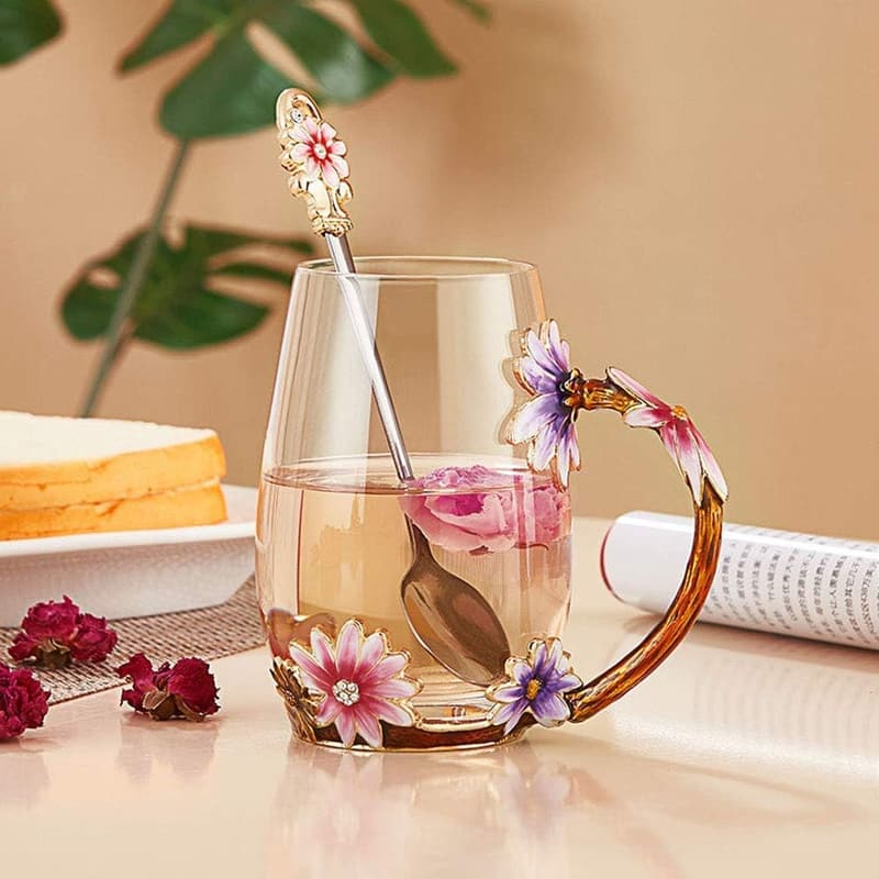 Enamel Flower Coffee Mug Set with Spoon - Perfect for Women