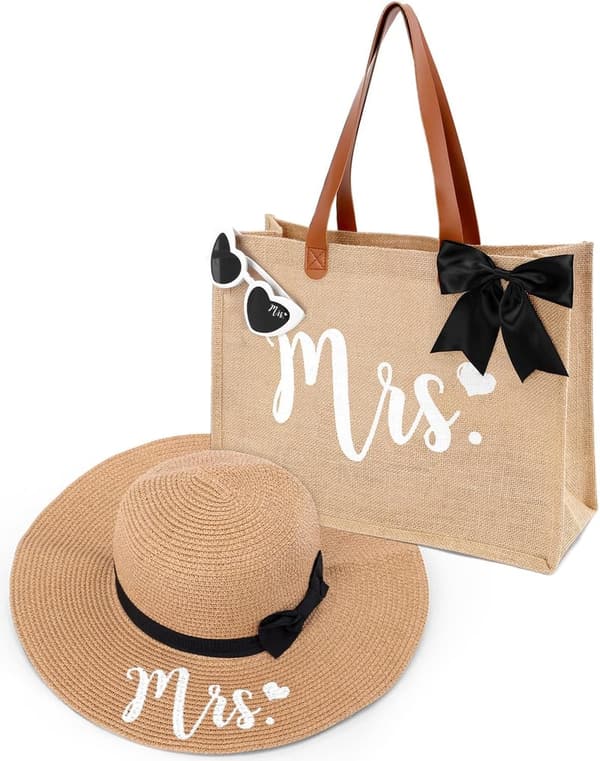 Bridal Shower Tote Bag Set with Sun Hat & Glasses for Bride