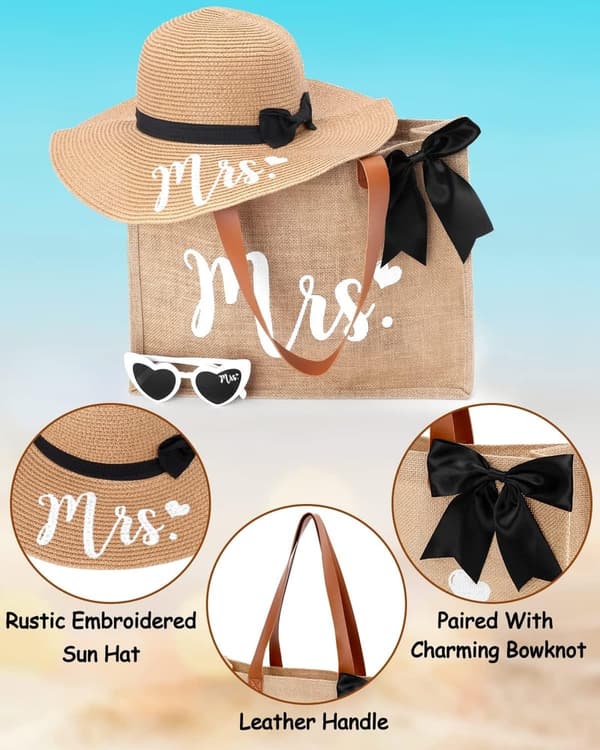 Bridal Shower Tote Bag Set with Sun Hat & Glasses for Bride