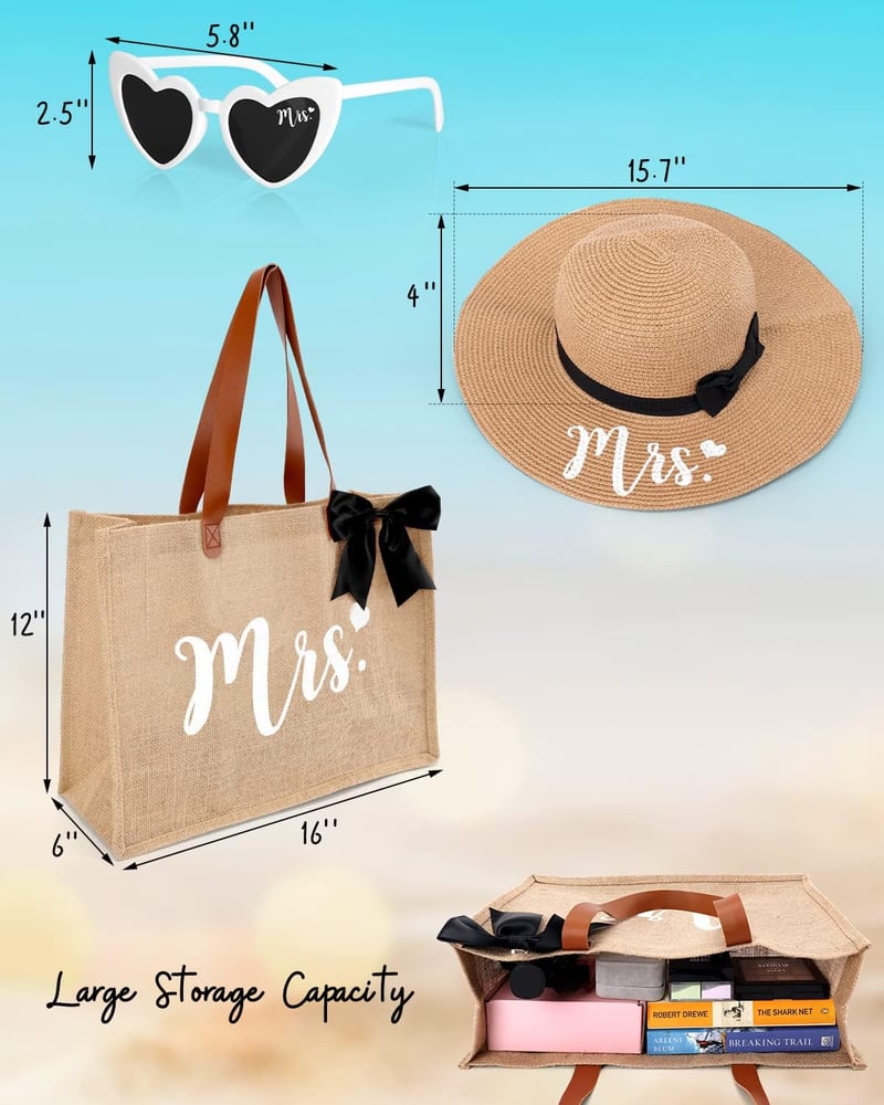 Bridal Shower Tote Bag Set with Sun Hat & Glasses for Bride