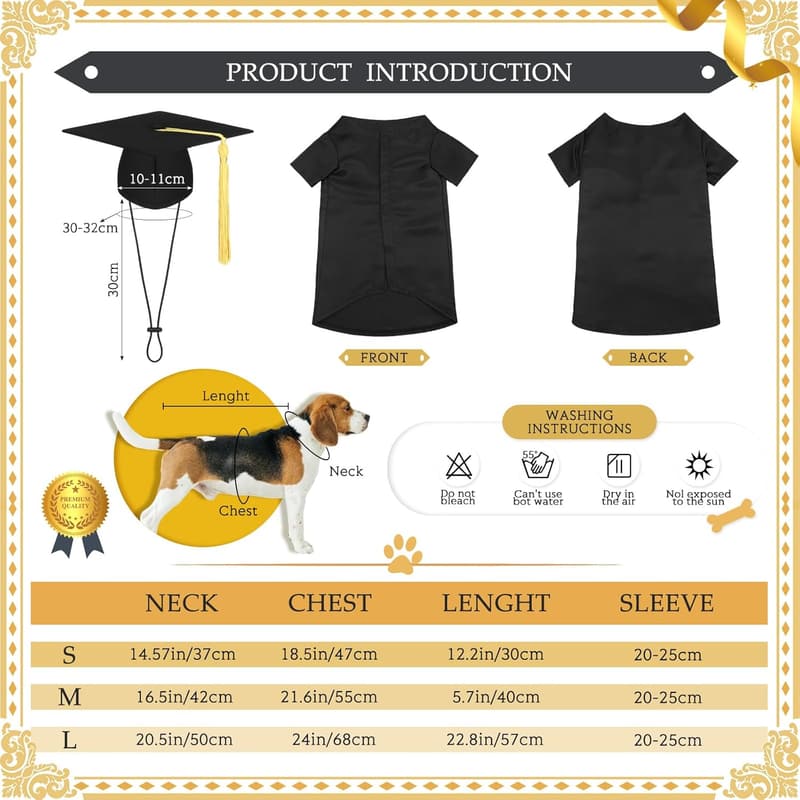 2025 Dog Graduation Cap and Gown Costume Set - Large Black