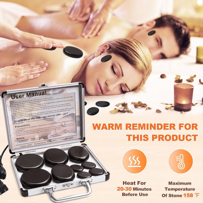Portable Hot Stones Massage Kit with Heater - 9 Pcs Set