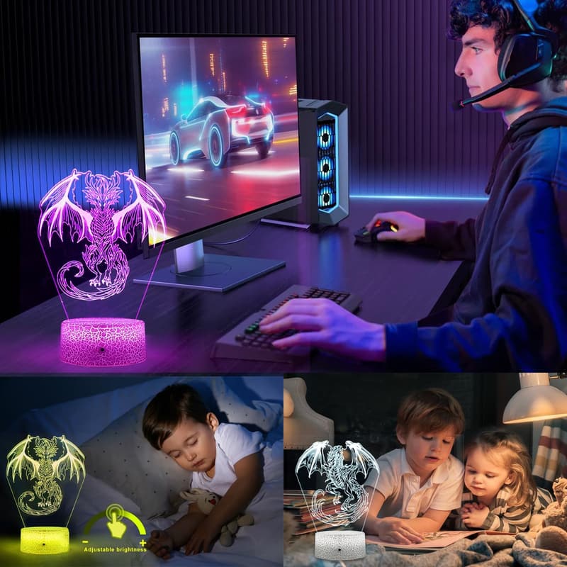 Dragon-themed 3D Night Light for Kids' Room – 7 Colors, Dimmable