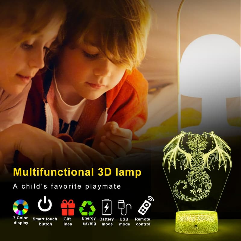 Dragon-themed 3D Night Light for Kids' Room – 7 Colors, Dimmable