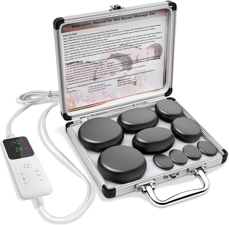 Basalt Hot Stones Massage Set with Warmer - 10 Pcs Professional Spa Tool