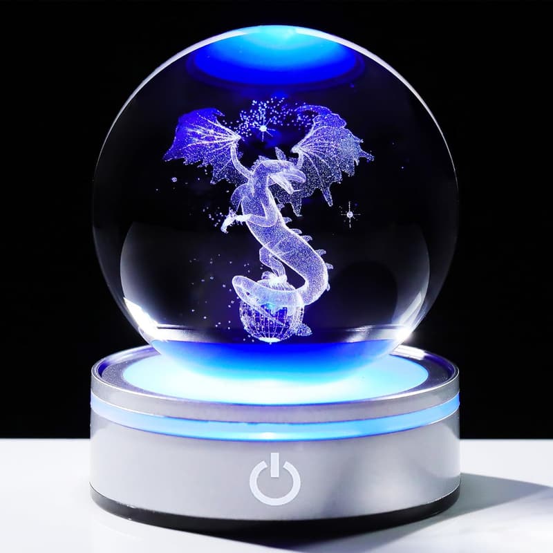 Engraved Dragon Crystal Ball with LED Base – Decorative Gift for All