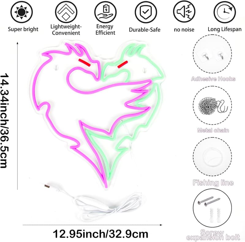 Dimmable Dragon LED Wall Sign - Purple & Green Bedroom Decor