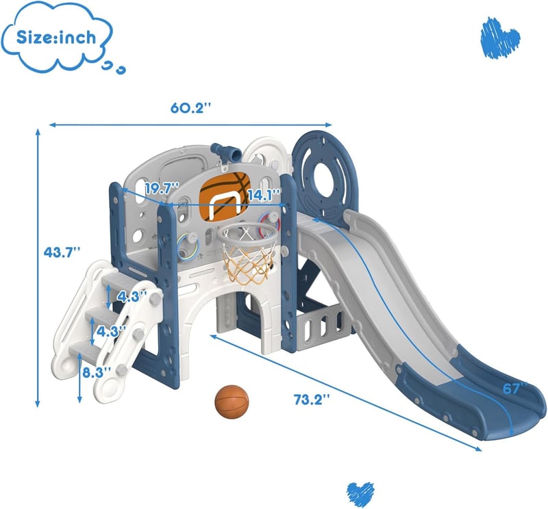 Toddler Slide Set with Basketball Hoop, 8-in-1 Playground для детей 1-3