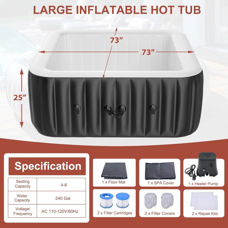 Portable 4-6 Person Inflatable Hot Tub with 130 Bubble Jets