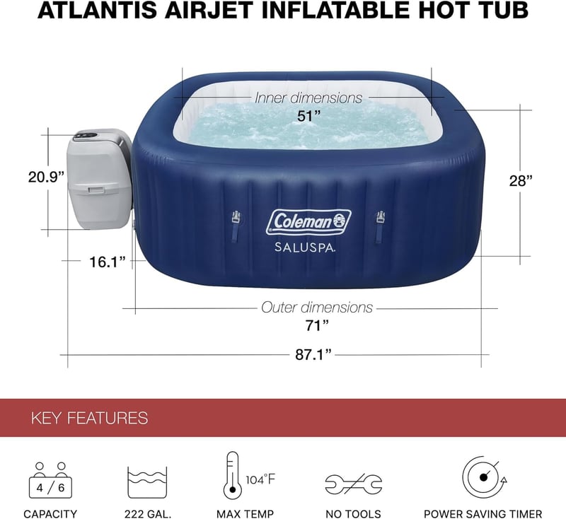 Inflatable Hot Tub with Non-Slip Seats & Headrest Pillows
