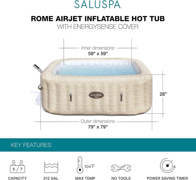 Square Inflatable Hot Tub for 5-7 Persons with App Control