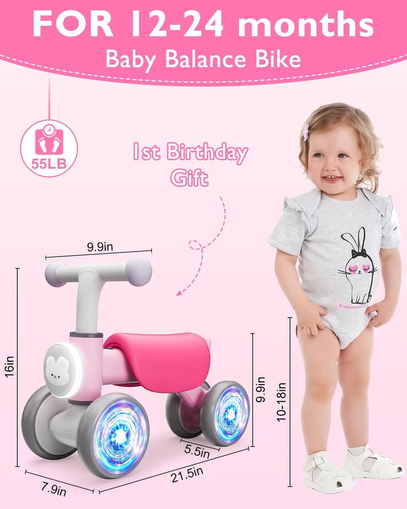 Colorful Baby Balance Bike with Music for 1-Year-Old Girls