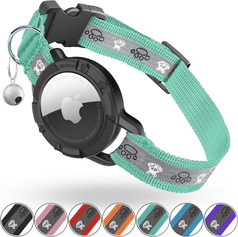 Reflective Cat GPS Collar with AirTag Holder and Bell, Green XS
