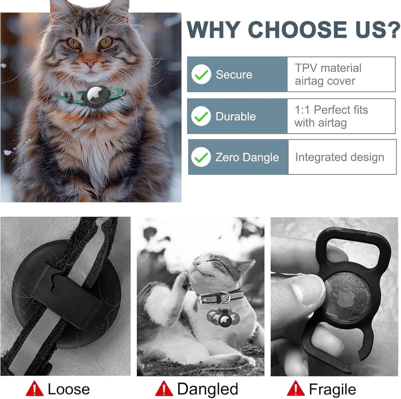Reflective Cat GPS Collar with AirTag Holder and Bell, Green XS