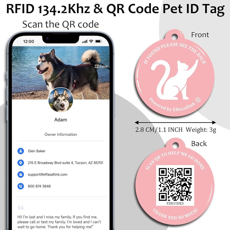 Dual Function QR Code & RFID Pet ID Tag for Collars (Pink)