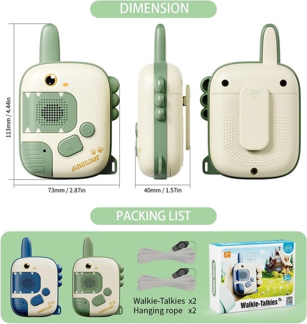 Kids Dinosaur Walkie Talkies - 2 Pack Radio Toys for Ages 3-12
