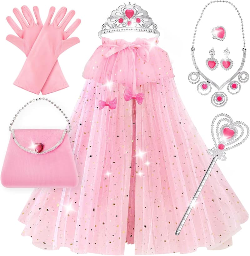 Princess Dress Up Set for Kids - 10 pcs Costume Toys with Cape, Crown, Wand, Jewelry
